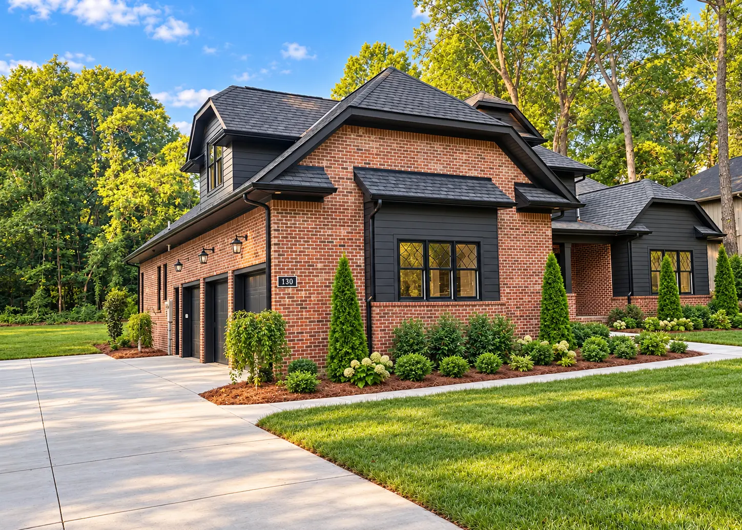 Brick garage wing with three garage doors, lantern lights, and charcoal siding on the upper floor
