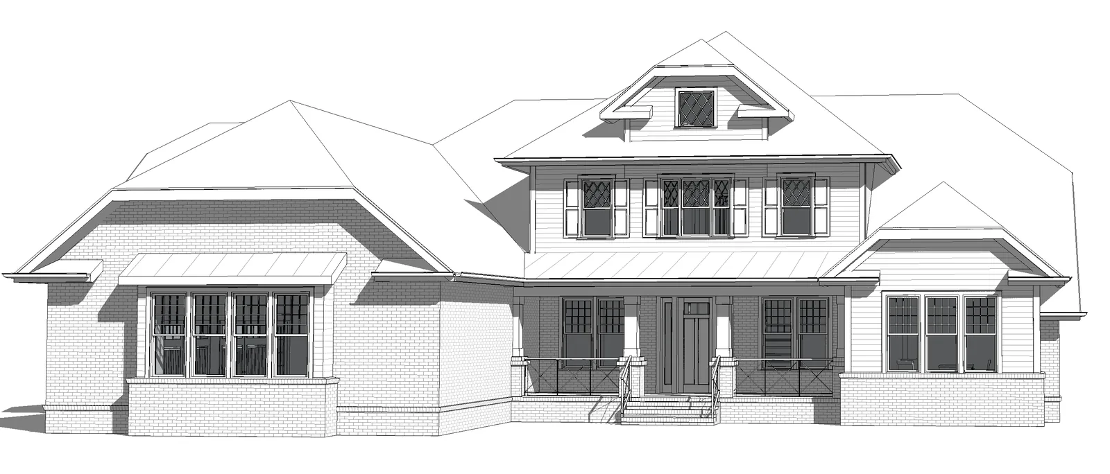 Black and white design rendering of the home's front elevation