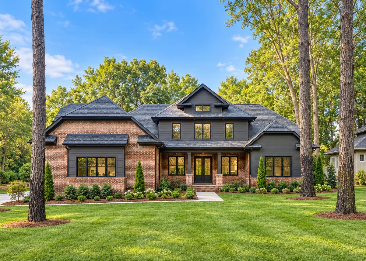The finished home seen from the front lawn, framed by tall pines