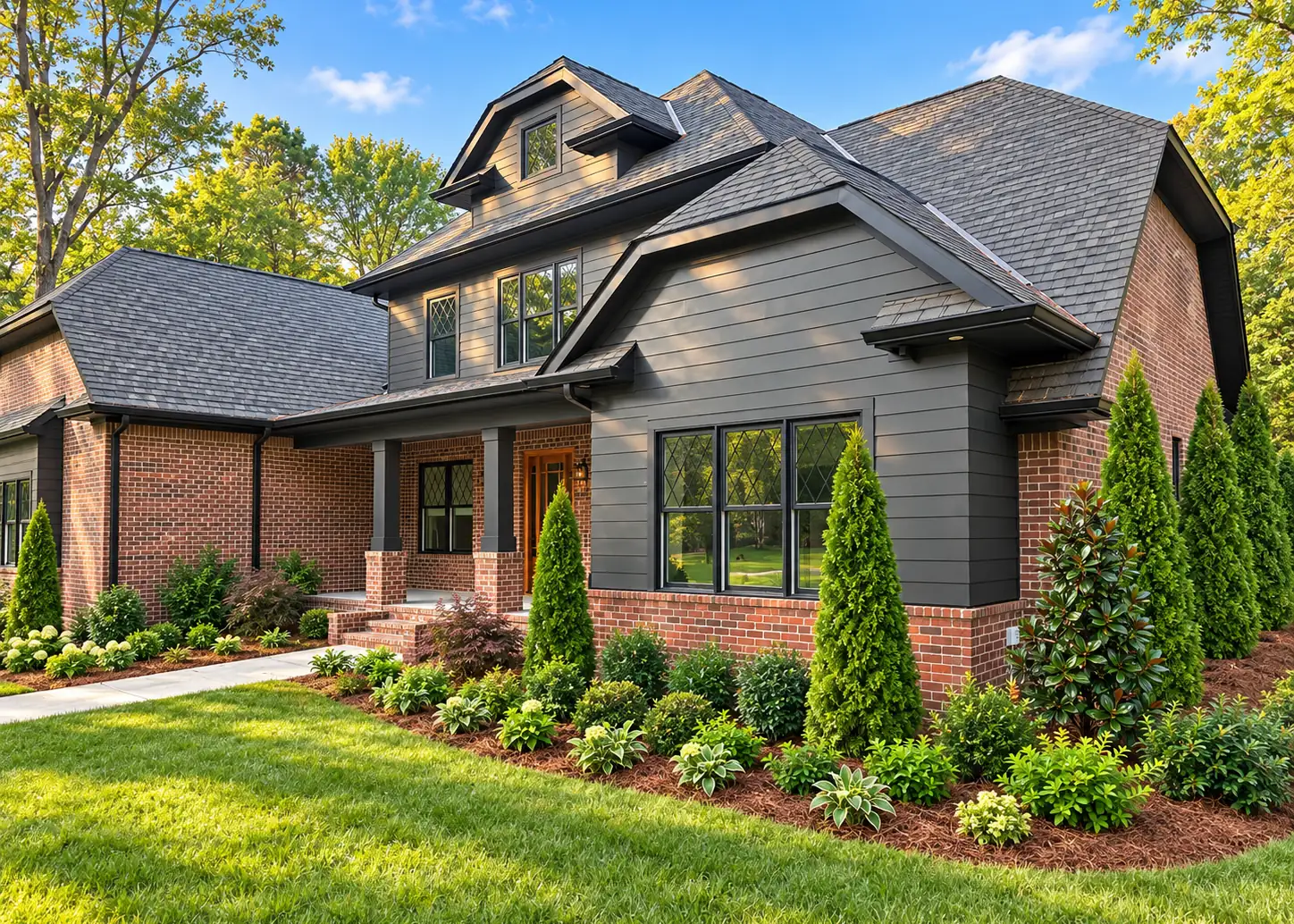 Two-story home with charcoal lap siding over red brick, a front porch, and diamond-pane windows